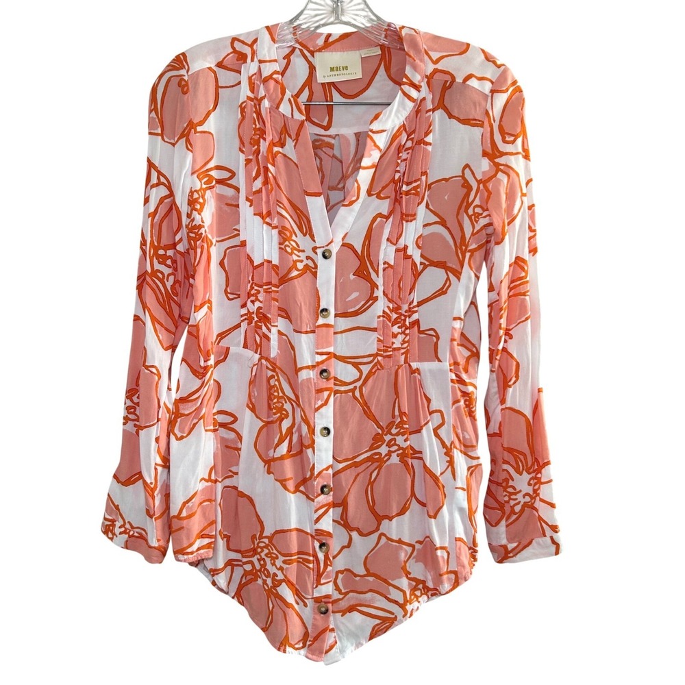Maeve Anthropologie Pintucked Floral Buttondown pink orange women's xs preppy